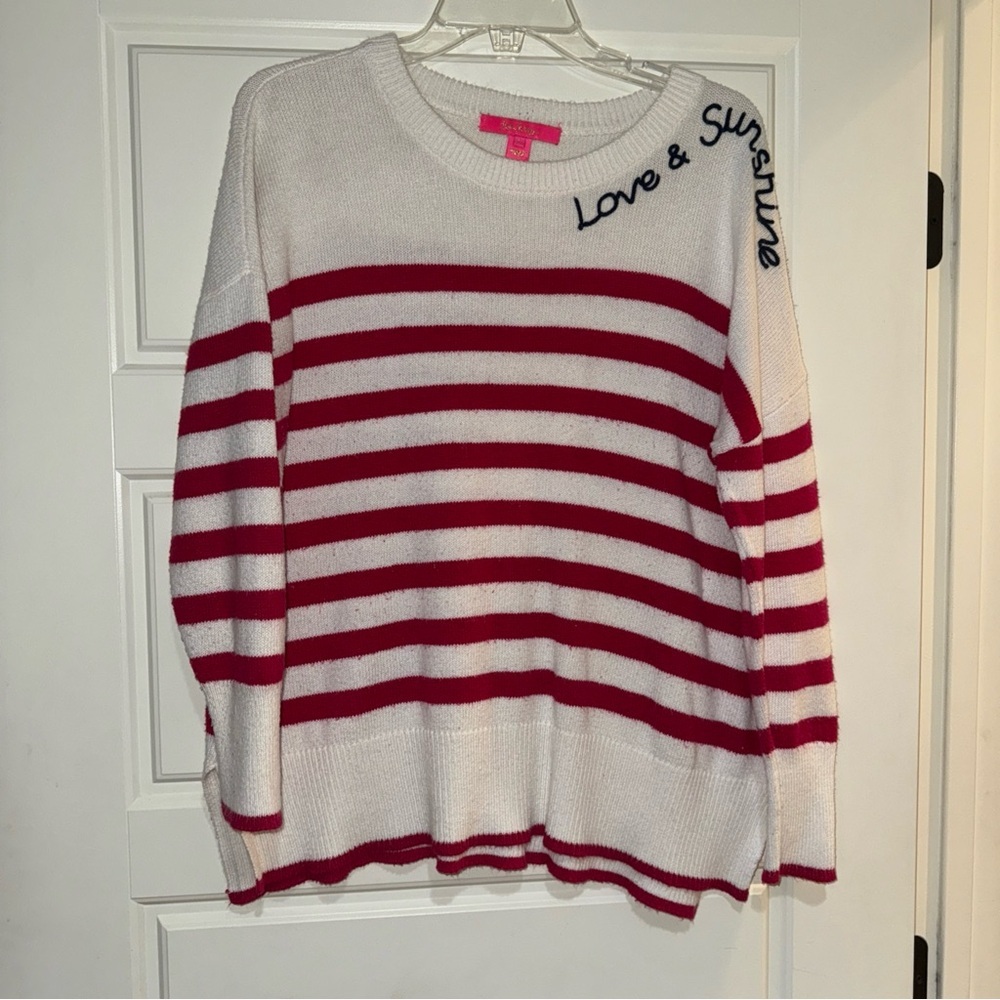 Lilly Pulitzer Red and White Striped Crew Neck Sweater l Large nautical beach - Picture 2 of 8